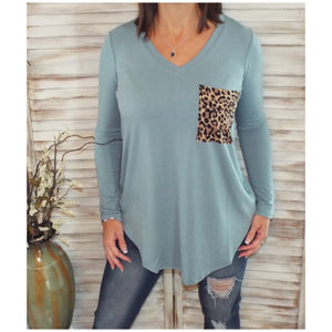 V Neck Floaty Leopard Animal Print Pocket Long Sleeve Floaty Loose Blue