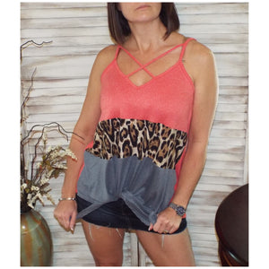 Sexy V-Neck Floaty Self Tie Animal Print Color Block Summer Tank Coral