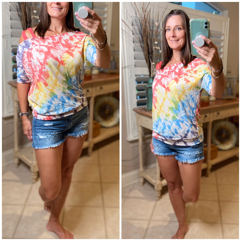 “Double Up” Multi Tie Dye Off Strappy Cold Shoulder Sleeve Banded Top Bright Colors S/M/L/XL