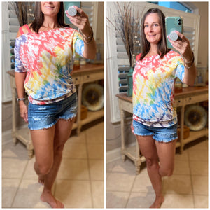 “Double Up” Multi Tie Dye Off Strappy Cold Shoulder Sleeve Banded Top Bright Colors S/M/L/XL