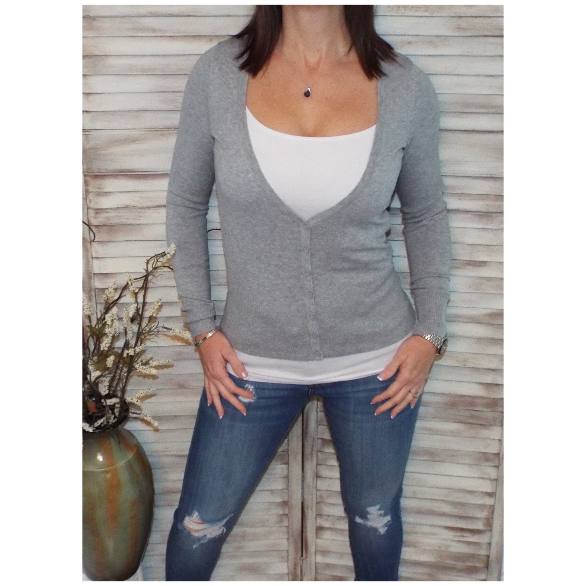 Sexy Preppy Cropped Cleavage Button Up Cardigan Long Sleeve Sweater Gray
