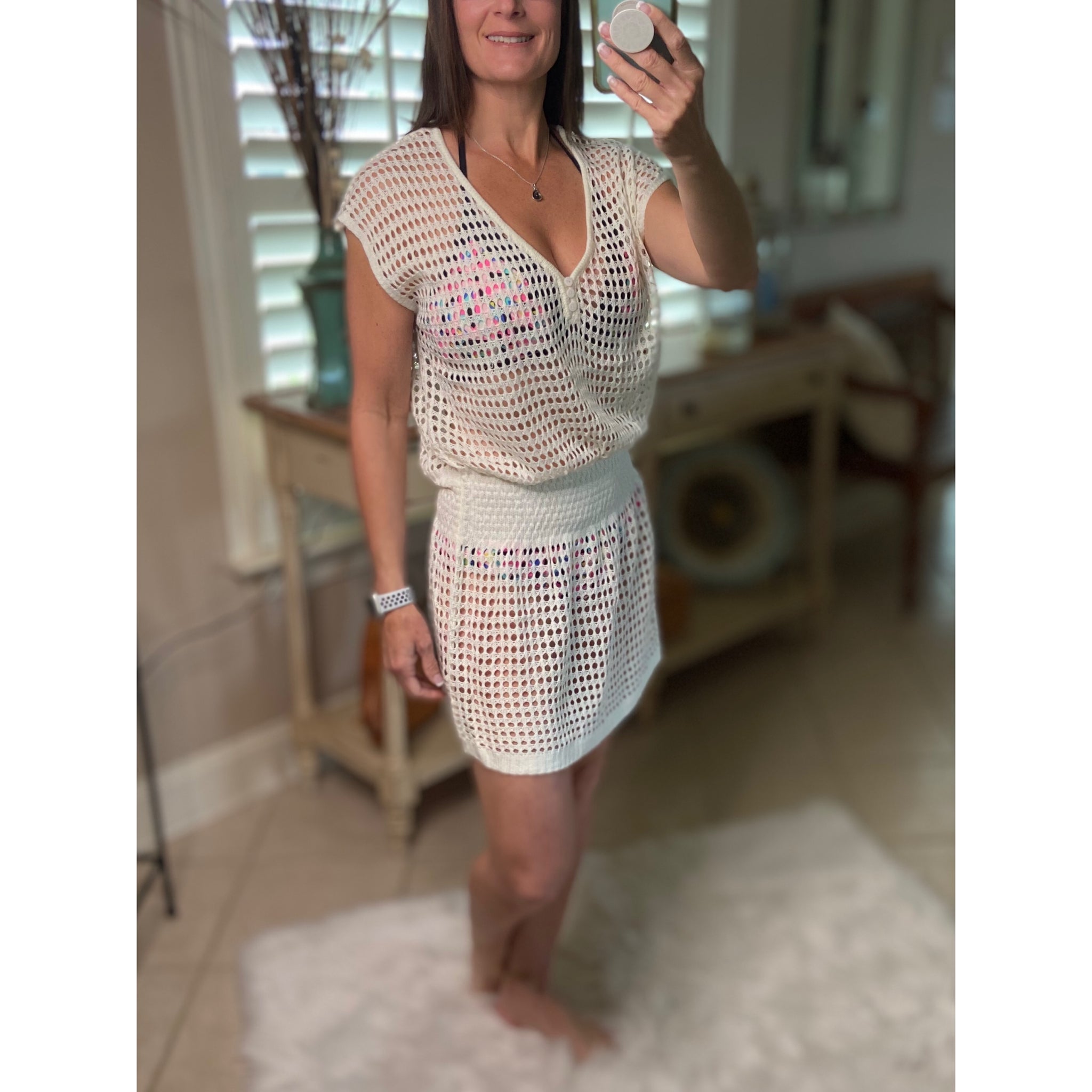 “Ocean Eyes” Crochet Mesh V Neck Mini Beach Swimsuit Cover Up Beach Pool White One Size
