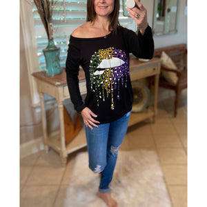 “Throw Me Something Mister” Mardi Gras Lips Wide Neck Off Shoulder Purple Green & Gold