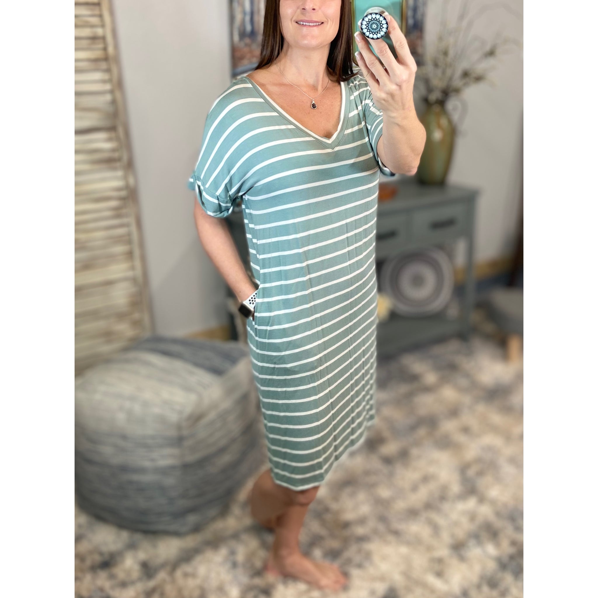 "Think Out The Box" Boxy V Neck Striped Rolled Cuff Sleeve Pockets Summer Tee Shirt Dress Sage Green S/M/L