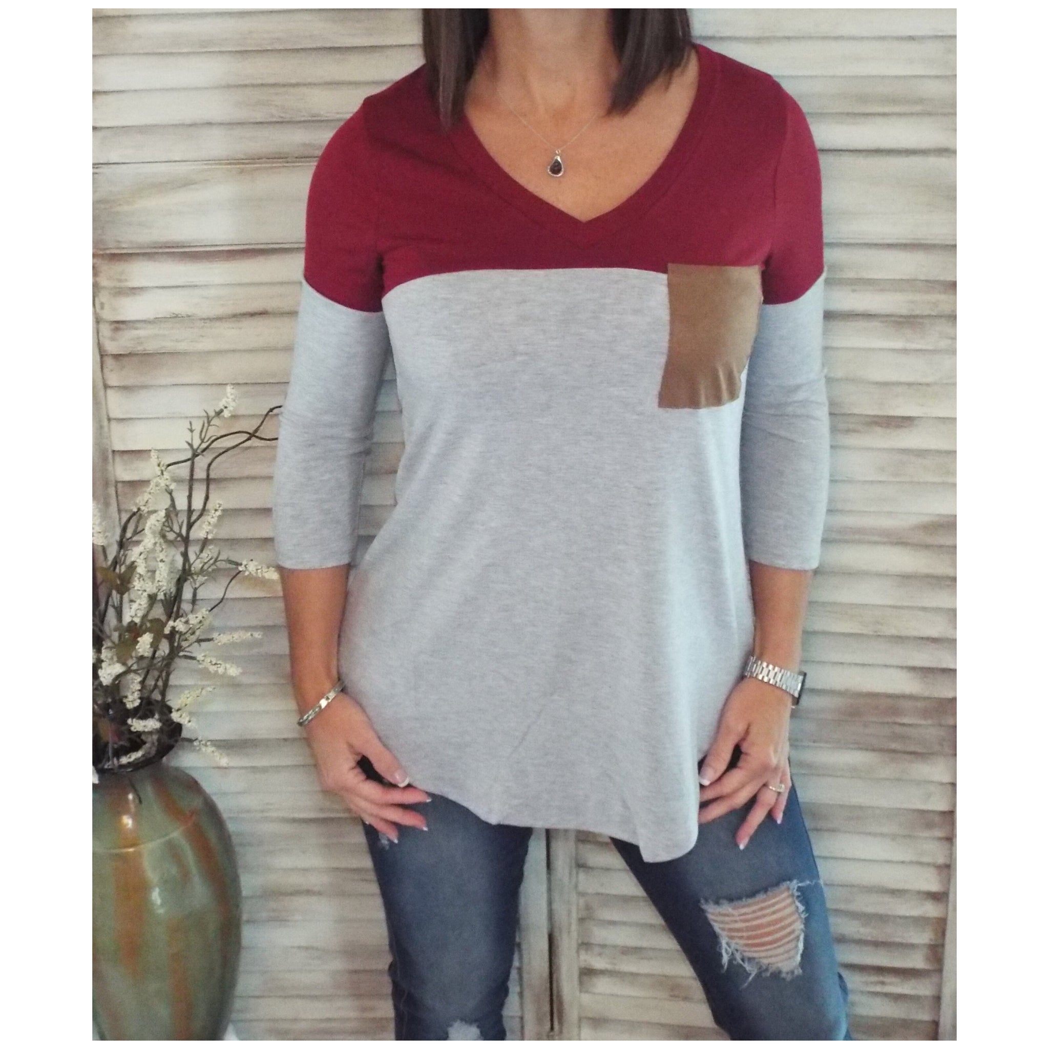 Suede Pocket Elbow Detail V-Neck Floaty Tunic 3/4 Sleeve Wine Gray S/M/L/XL
