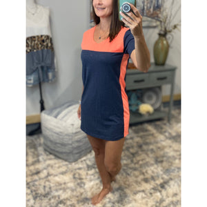 "You're The One" Scoop Neck Color Block Mini Summer Tee Shirt Dress Navy Orange S/M/L
