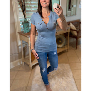 Sexy Deep V Neck Plunge Cleavage Military Henley Pocket Short Sleeve Top Blue