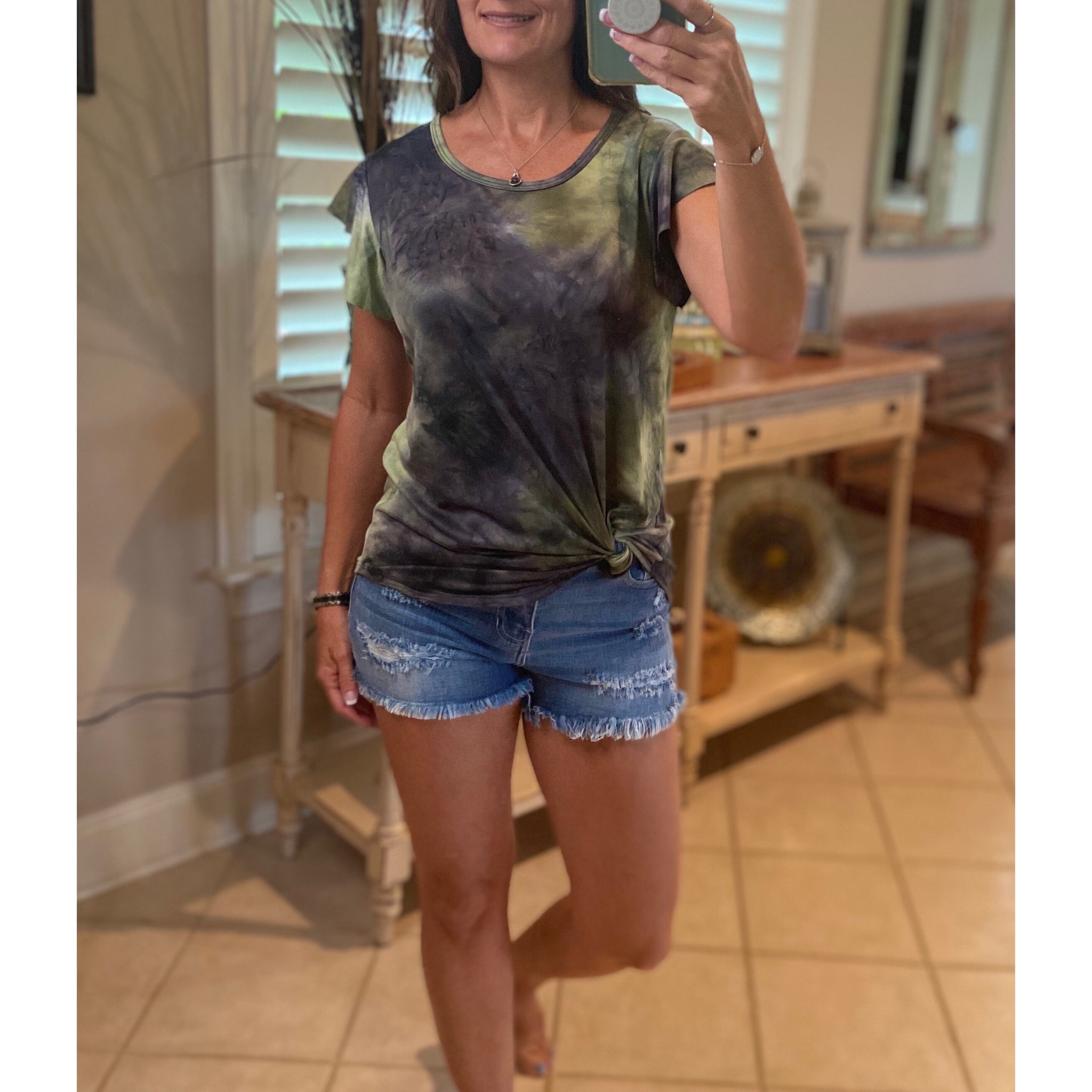 “Midnight Sky” Tie Dye Short Flutter Sleeve Round Neck Bottom Retro 70s Top Green Multi