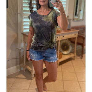 “Midnight Sky” Tie Dye Short Flutter Sleeve Round Neck Bottom Retro 70s Top Green Multi