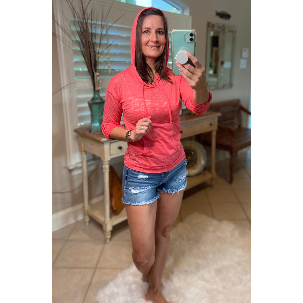 Sexy Sheer Burnout Drawstring Hoodie Tissue High Neck Long Sleeve Top Pink