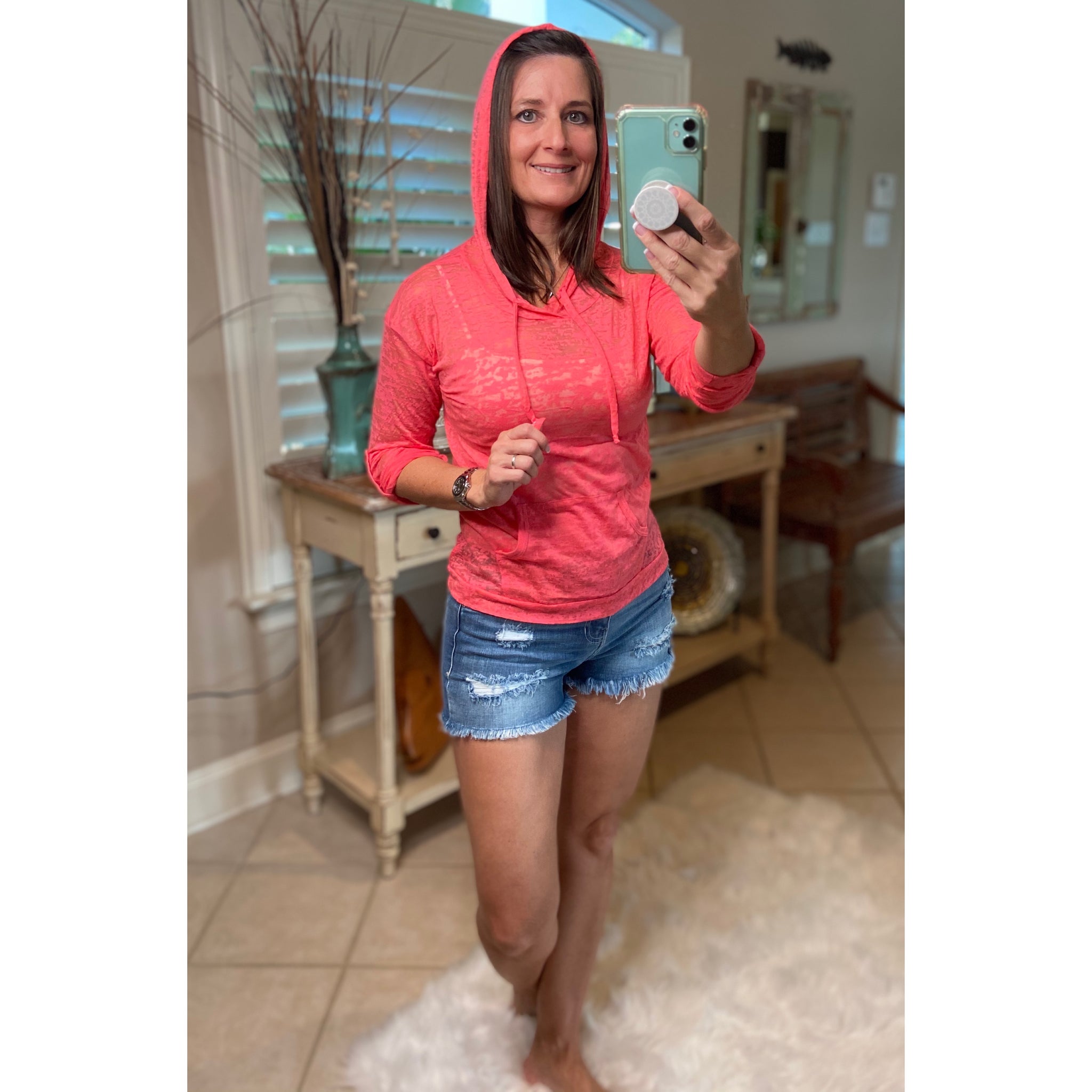 Sexy Sheer Burnout Drawstring Hoodie Tissue High Neck Top Shirt Pink