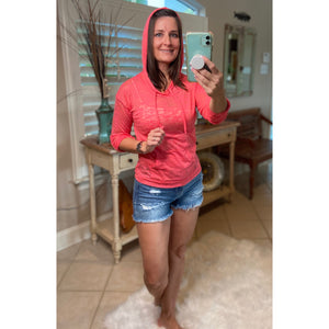 Sexy Sheer Burnout Drawstring Hoodie Tissue High Neck Top Shirt Pink