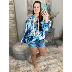 “Free Bird” Tie Dye Crew Neck Waffle Drawstring Light Long Sleeve Hoodie Blue