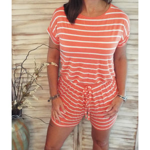 Striped Scoop Neck Short Cuff Sleeve Romper Shorts Pocket Orange