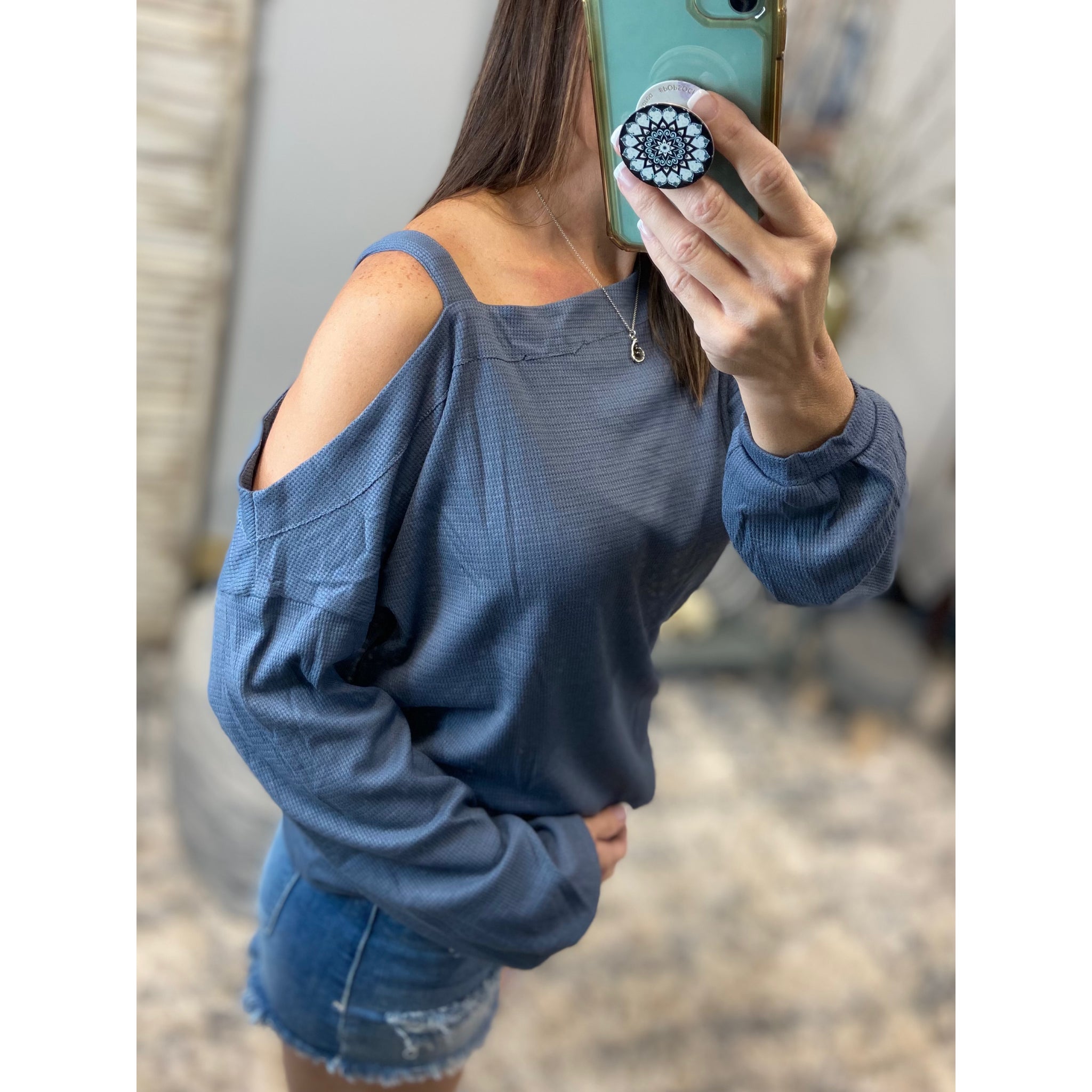 "Show Me The Way" One Cold Shoulder Cutout Waffle Asymmetrical Long Sleeve Top Blue