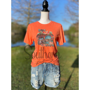 “Happy Camper” Retro Western Camper Bleached Sublimation Boyfriend Basic Tee Shirt Pink S/M/L/XL