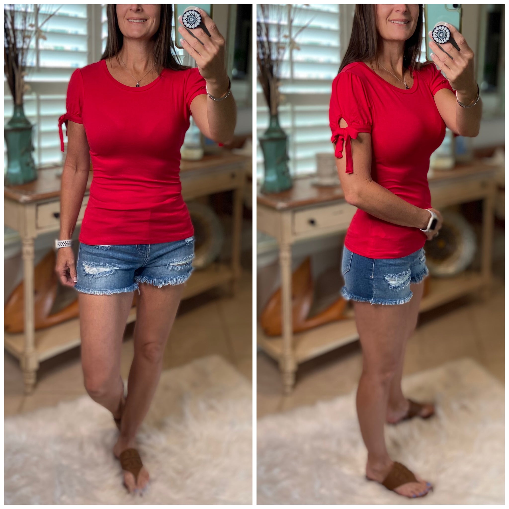 "Love On Top" Sexy Slimming Self Tie Keyhole Short Sleeve Round Neck Top Red S/M/L