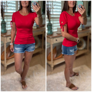 "Love On Top" Sexy Slimming Self Tie Keyhole Short Sleeve Round Neck Top Red S/M/L