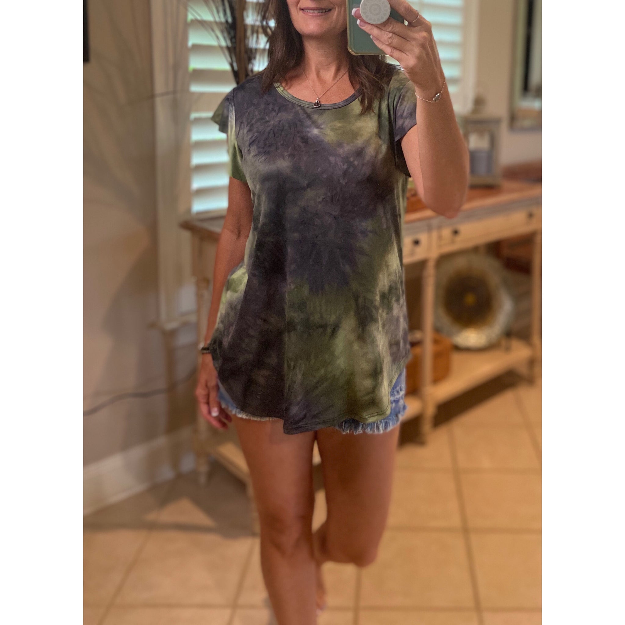 “Midnight Sky” Tie Dye Short Flutter Sleeve Round Neck Bottom Retro 70s Top Green Multi