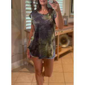 “Midnight Sky” Tie Dye Short Flutter Sleeve Round Neck Bottom Retro 70s Top Green Multi