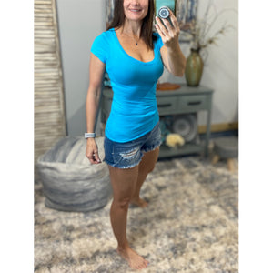 “Basic Babe” V-Neck Cleavage Baby Slimming Basic Tee Shirt Aqua Blue S/M/L