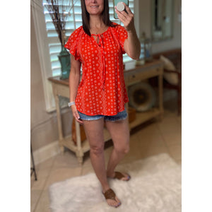“Wildflower” Floral Dressy Self Tie Keyhole Short Sleeve Round Neck Lightweight Top Red
