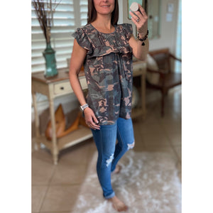 “I’m Still A Girl” Camouflage Gathered Chest Short Ruffle Sleeve Top Green S/M/L/XL