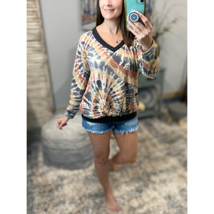 “When I Come Around” Swirl Tie Dye French Terry Long Sleeve V-Neck Banded Bottom Top Multi