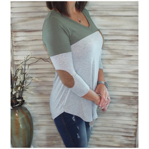 Suede Pocket Elbow Detail V Neck Floaty Color Block Tunic 3/4 Sleeve Olive Gray