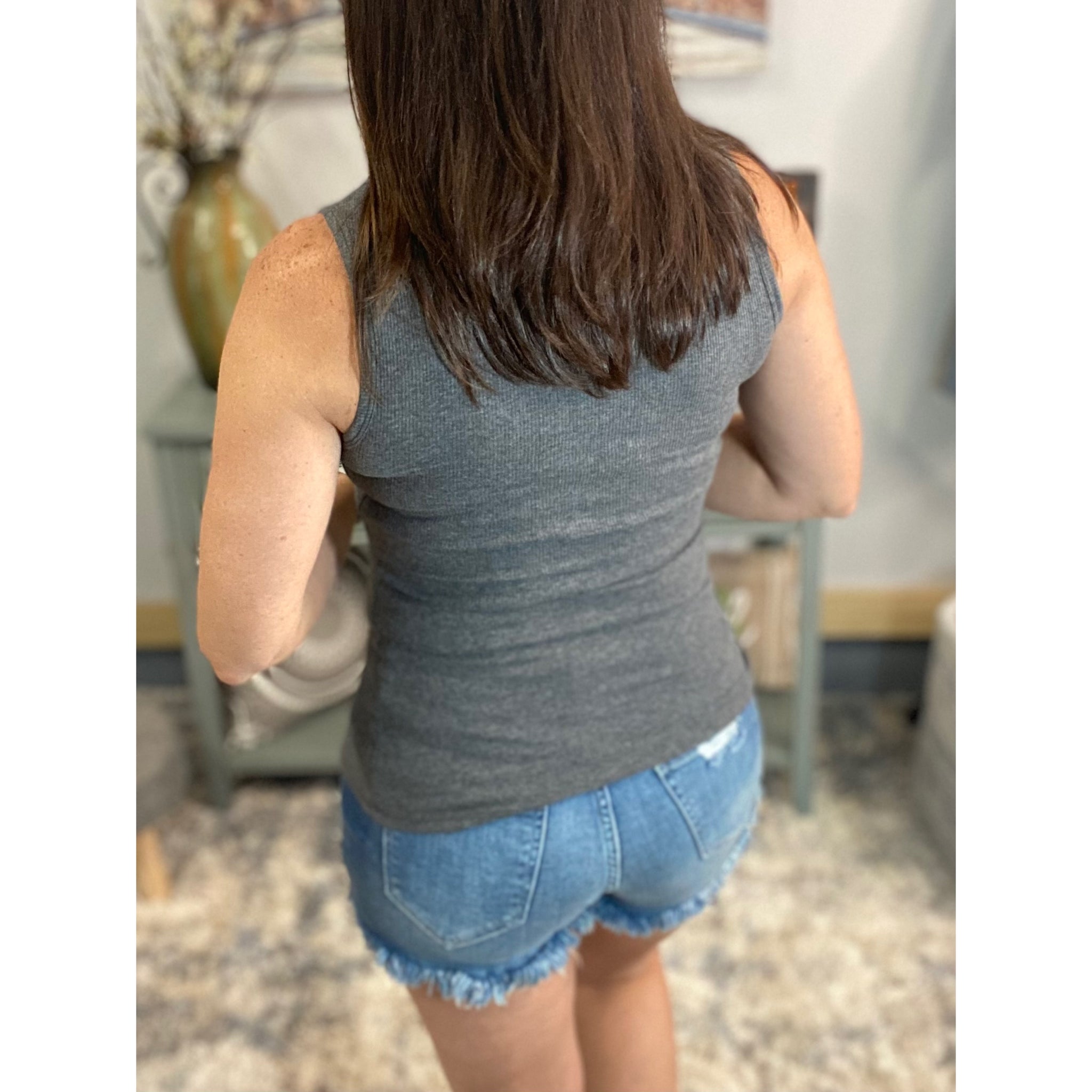 “Let The Sun Shine” Ribbed Henley Low Cut Boy Beater Cleavage Fitted Tank Top Gray