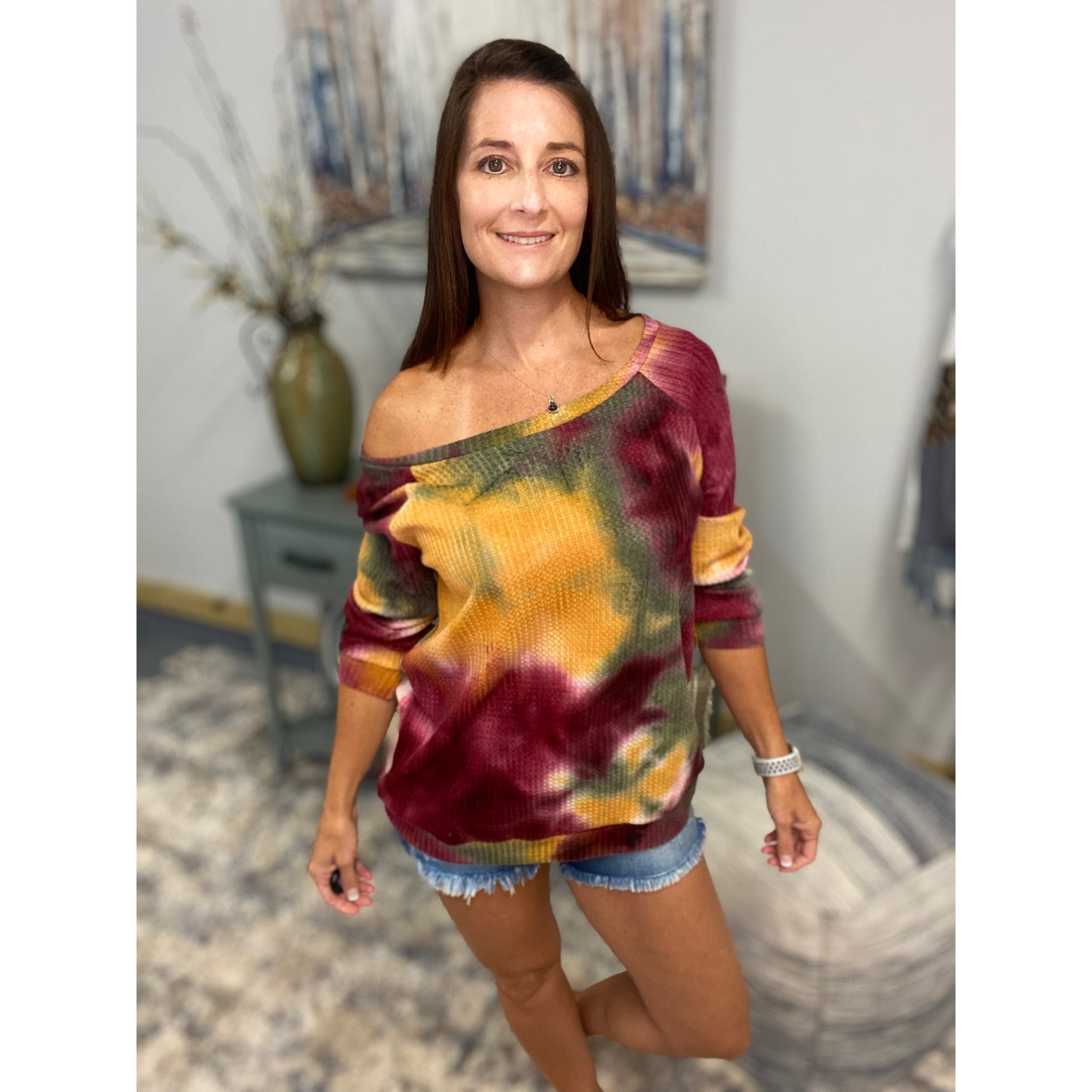 Multi Tie Dye Waffle Thermal Wide Neck Pull Over Long Sleeve Banded Top S/M/L