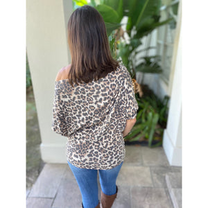 “Let’s Go Out” Leopard Off Shoulder Open Neck Dolman 3/4 Sleeve Top Brown