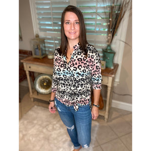 “Don’t Fight It” Gabby Leopard Ombré Print V-Neck Tunic Flowy Boxy Charcoal