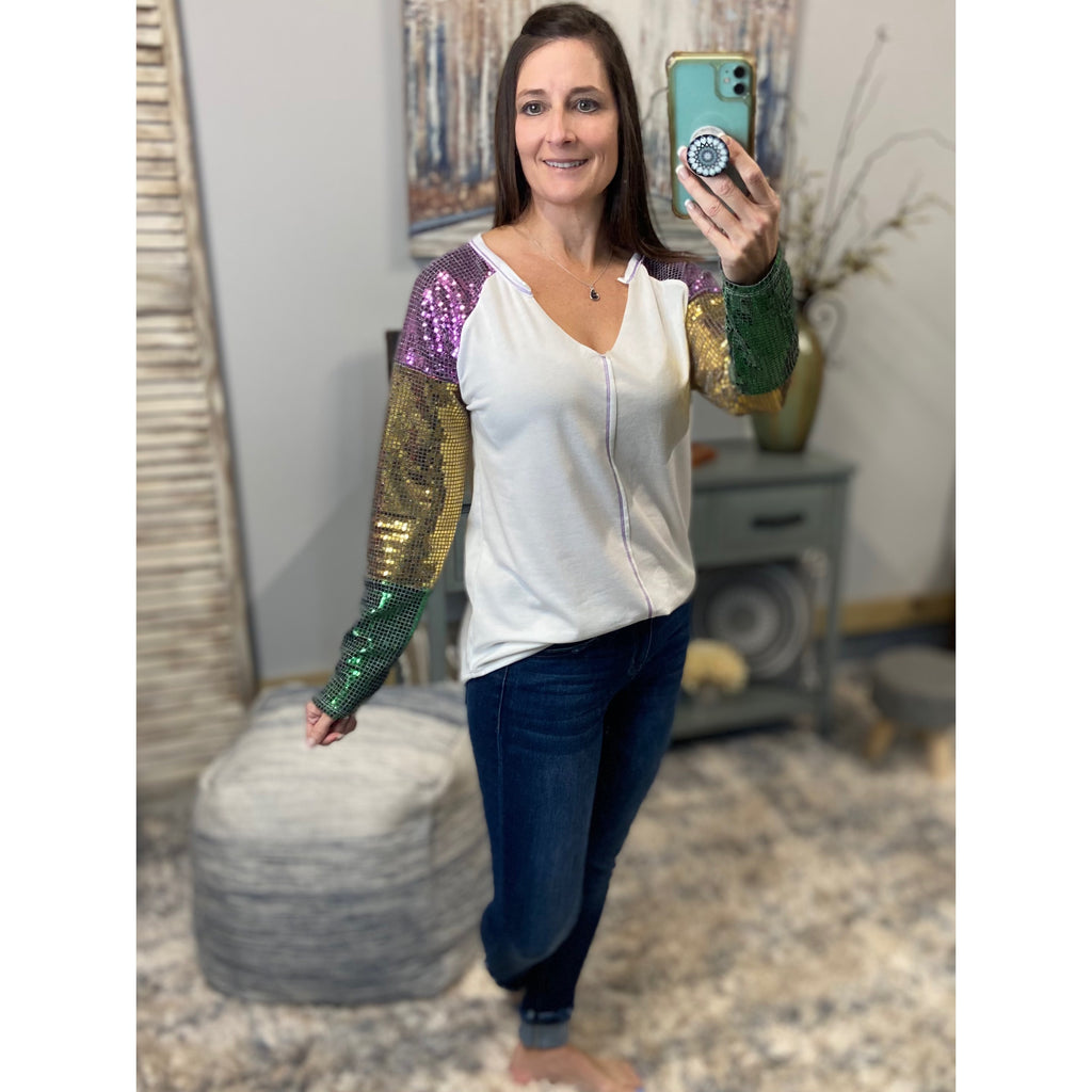 “Let The Good Times Roll” Mardi Gras Sequined Color Block Sleeves French Terry Purple Green & Gold Ivory S/M/L/XL