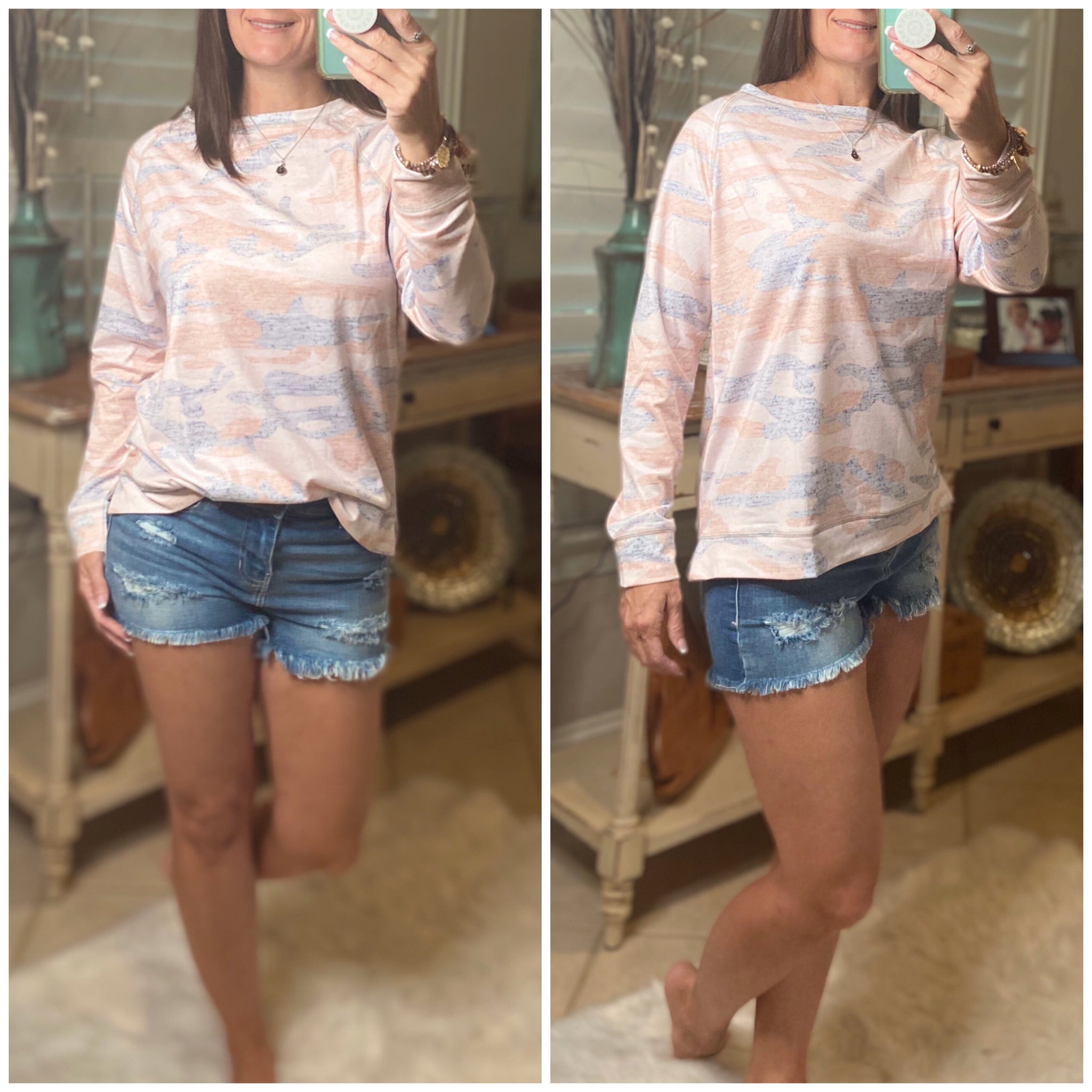 “I’m Lovin It” Camouflage Round Neck Banded Bottom Split Side Sweatshirt Pink