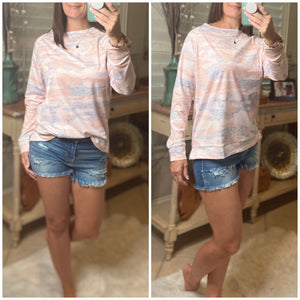 “I’m Lovin It” Camouflage Round Neck Banded Bottom Split Side Sweatshirt Pink