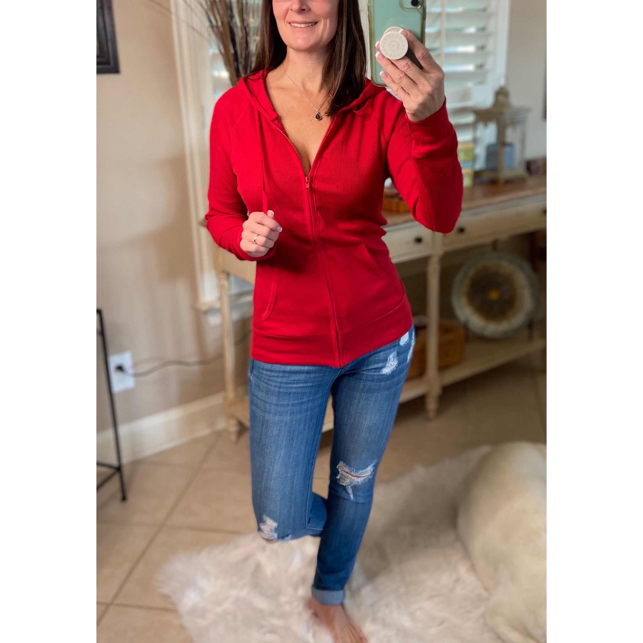 "Get Cozy" Zip Up Waffle Thermal Hoodie Light Jacket Long Sleeve Sweater Yoga Red Plus