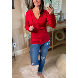 "Get Cozy" Zip Up Waffle Thermal Hoodie Light Jacket Long Sleeve Sweater Yoga Red Plus