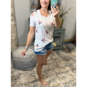 "All American Girl" Stars and Stripes 4th of July Star Print V-Neck Red White Blue S/M/L/XL