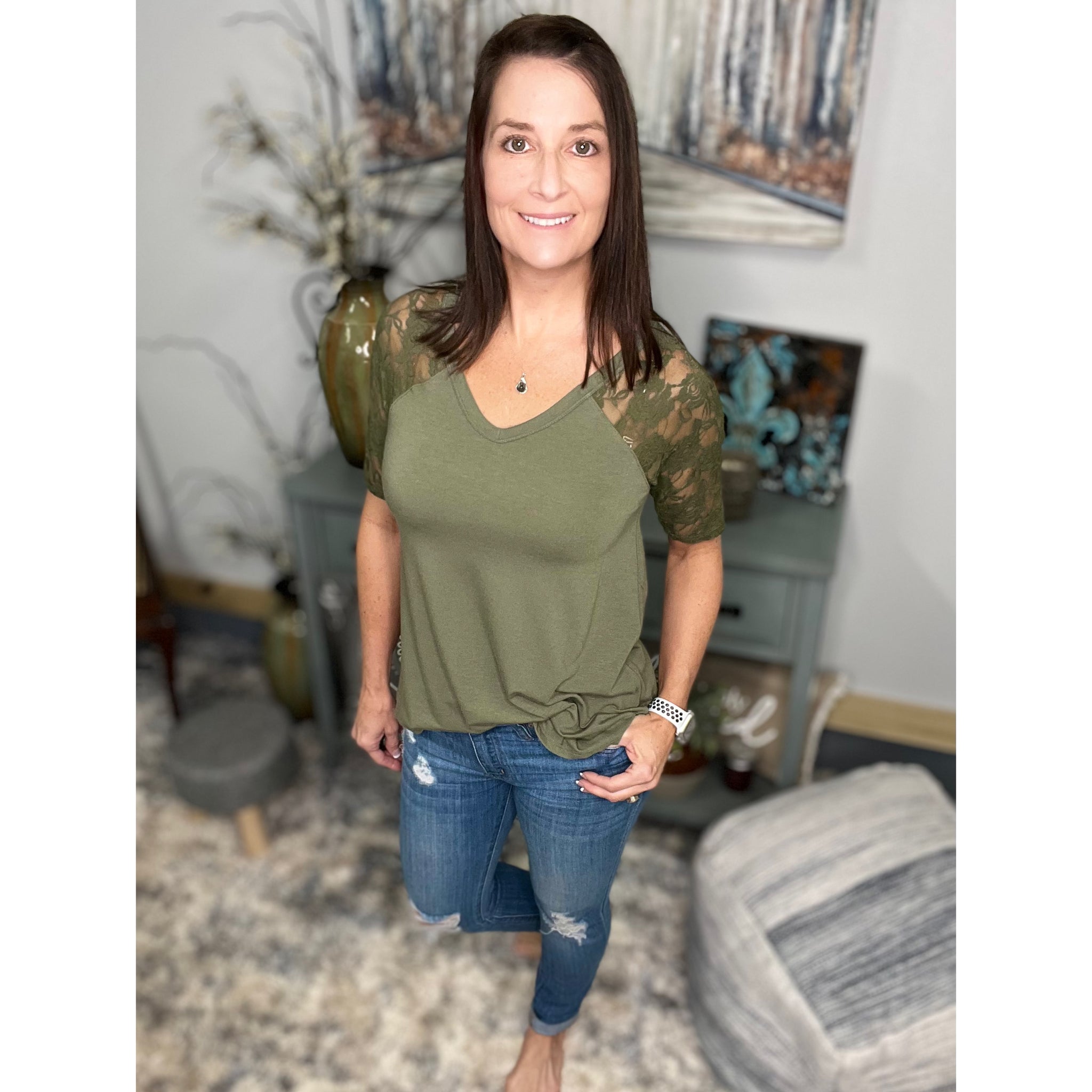 "All About The Lace" Lace Short Sleeve V Neck Rounded Bottom Dressy Floaty Girly Olive Green