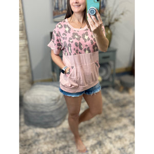 "I'm Making Moves" Leopard Color Block Scoop Neck Ribbed Kangaroo Pocket Pink S/M/L/XL