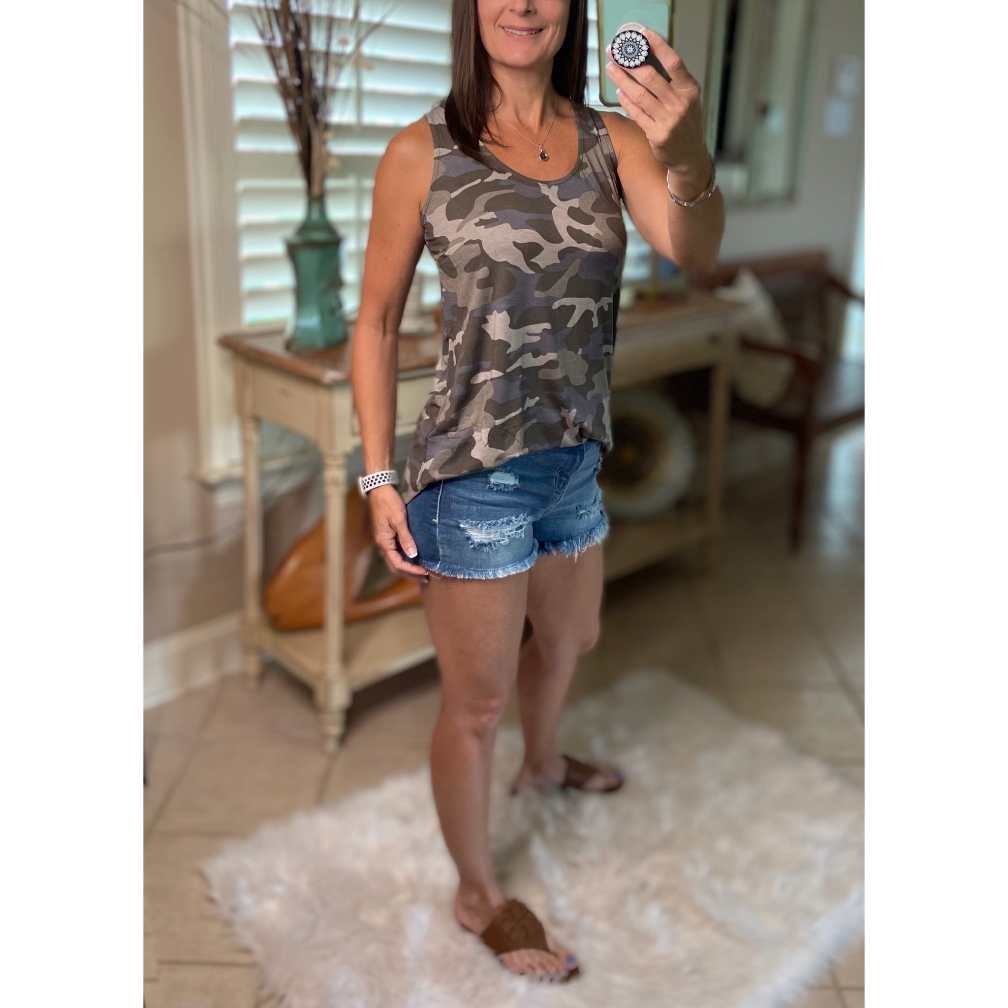"Hot in Here" Very Sexy Camouflage Floaty Scoop Neck Summer Tank Top Army Green