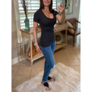 “Basic Babe” Low Cut Scoop Neck Short Sleeve Cleavage Baby Slimming Basic Tee Shirt Charcoal