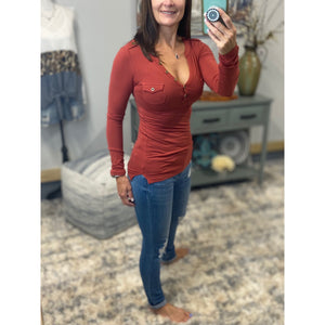 Sexy Deep V Neck Plunge Cleavage Military Henley Pocket Top Rust