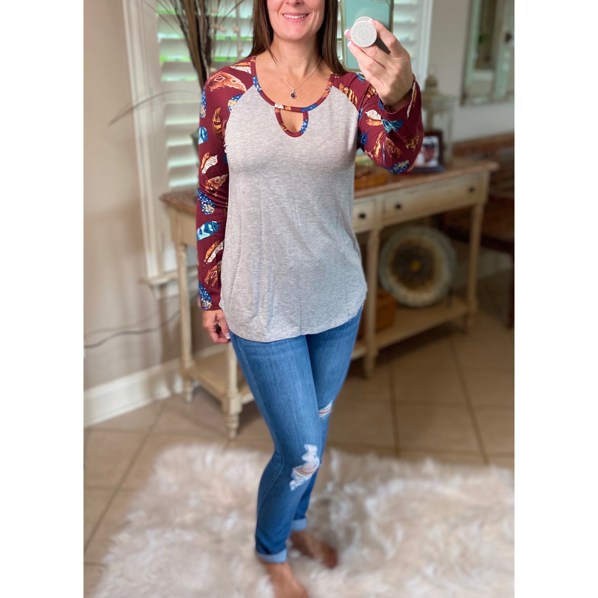 “Dream Catcher” Sporty Feather Long Sleeve Scoop Keyhole Neck Raglan Jersey Stretch Shirt Burgundy S/M/L