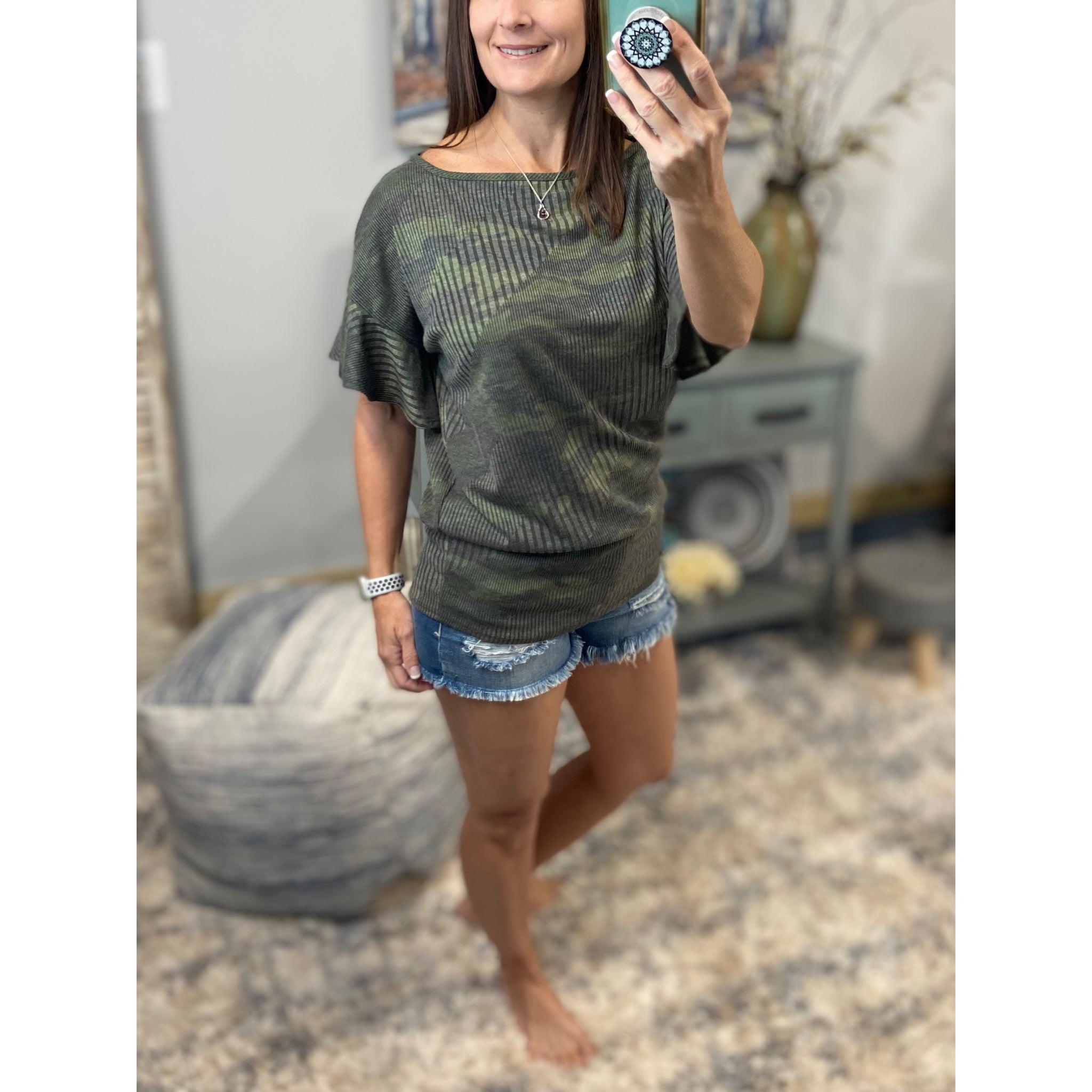 Camouflage Boat Neck Ribbed Short Ruffle Sleeve Top Green S/M/L