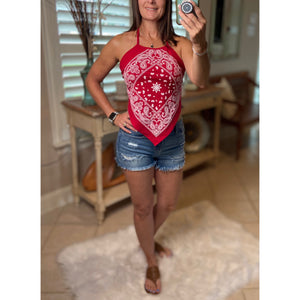 “Biker Babe” Halter String Handkerchief Bandanna Tank Top Red White