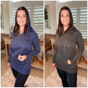 “I Can’t Wait for Winter” Kangaroo Pocket Drawstring Hoodie Banded Bottom Raglan Sleeve Navy