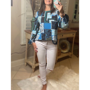 “I Have the Blues” Bohemian Floral Patchwork Print High Neck Boho Dressy Top Blue
