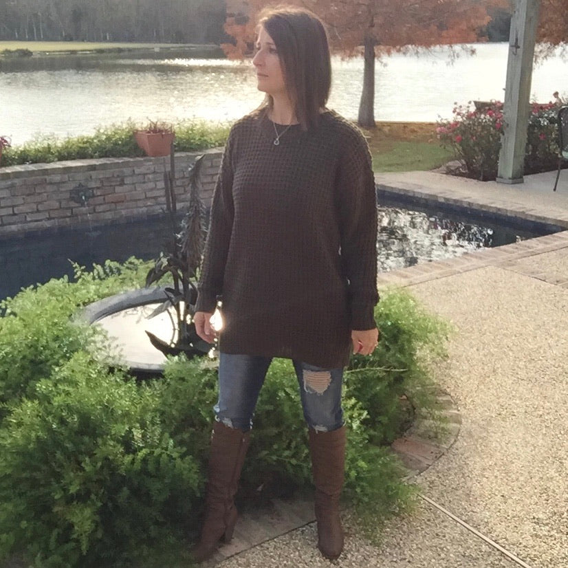 Oversized Chunky Waffle Round Neck Tunic Heavy Sweater Long Sleeve Top Olive